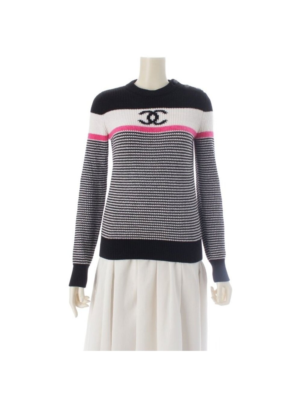Chanel CC Logo Border Knit Long Sleeve Sweater Top Black White Pink 36